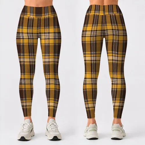 Brown Yellow Tartan Plaid for Yoga, Pilates and Casual Everyday Style Leggings
