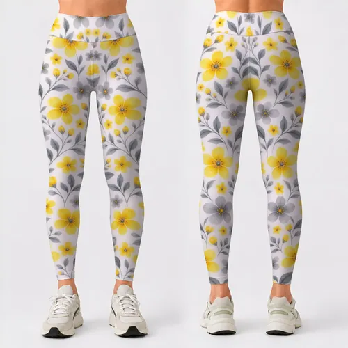 Yellow And Gray Floral Motifs for Yoga, Pilates, and Everyday Wellness for Women Leggings