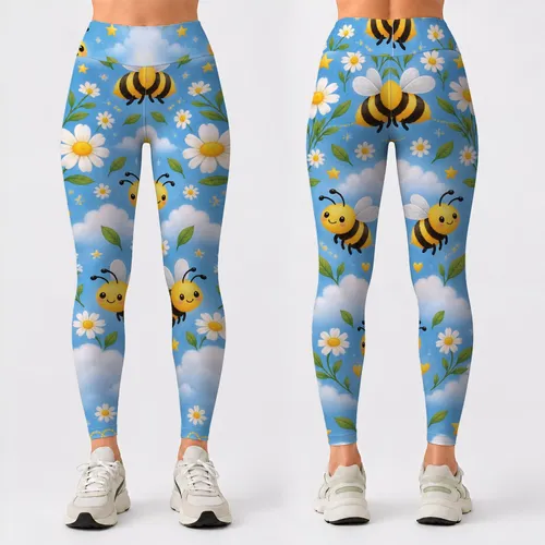 Cheerful Bumblebees Among Clouds and Daisies for Yoga, Pilates, and Everyday Style Leggings