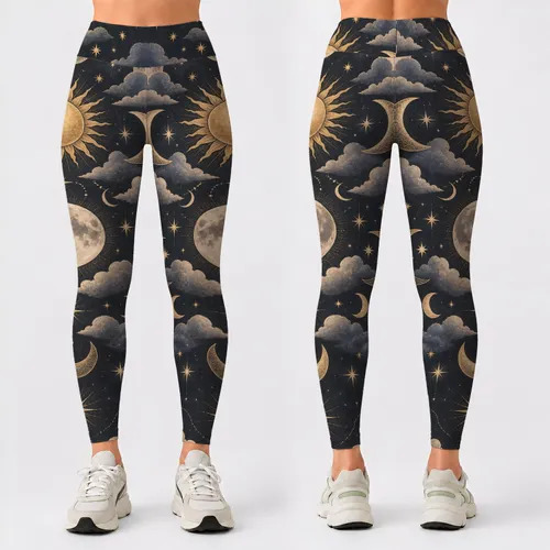 Antique Moon, Sun And Star Motifs For Yoga, Pilates And Everyday Wear Leggings