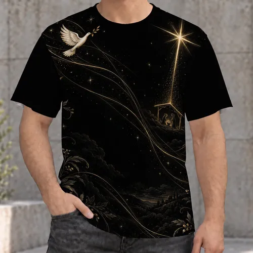 Golden Nativity Star and Peace Dove for Christmas Worship and Faithful Holiday Gatherings All-over Print Unisex T-shirt