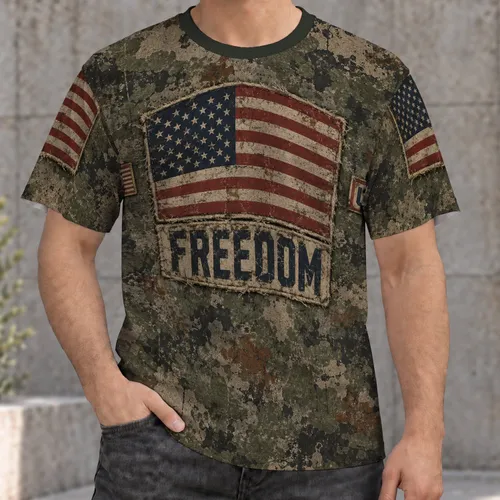 Weathered American Flag and Freedom Emblem for Patriotic Casual Everyday Wear All-over Print Unisex T-shirt