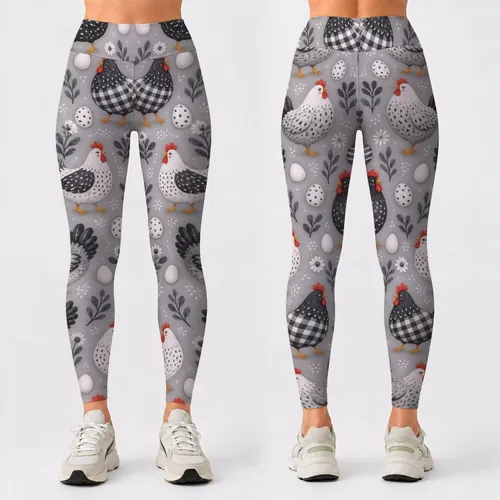 Whimsical Black and White Hens for Yoga, Pilates, and Everyday Outings Leggings