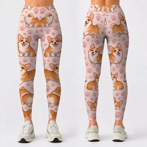 Playful Corgi and Paw Motifs for Yoga, Running, and Everyday Fitness Wear for Women Leggings