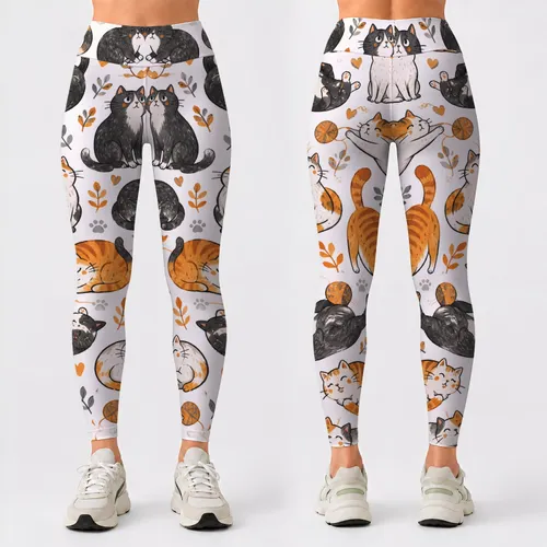 Whimsical Orange, Charcoal and White Cats for Yoga, Pilates and Everyday Wear Leggings