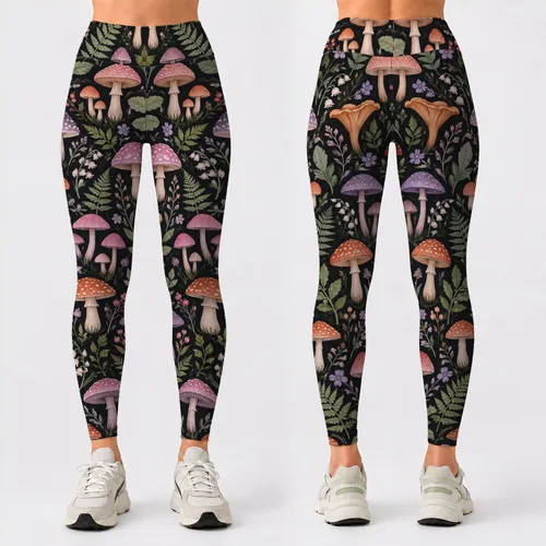 Colorful Woodland Mushrooms for Yoga, Hiking and Everyday Nature-Loving Women Outdoors Leggings