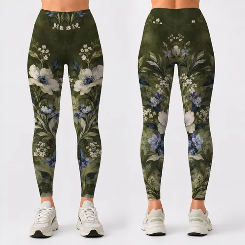 Olive Green Floral Blooms for Yoga, Running, and Everyday Fitness Training and Studio Wear Leggings