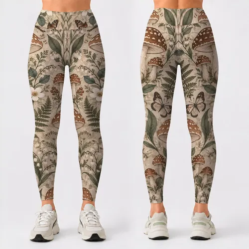 Spotted Toadstools and Sage Botanicals for Yoga, Pilates, and Everyday Nature-Loving Style Leggings