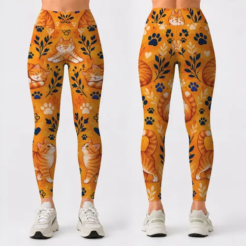 Cheerful Orange Cat And Dog Paw Motifs For Yoga, Pilates And Everyday Pet Lovers Leggings