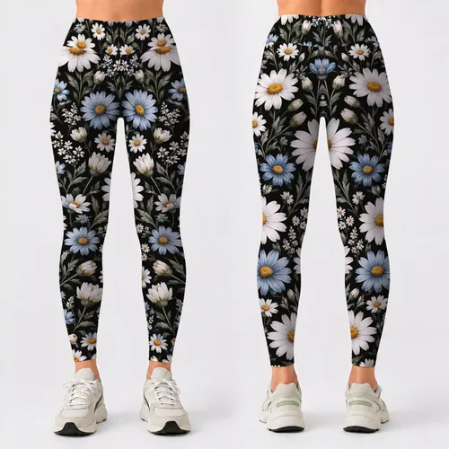 White Daisy And Blue Wildflower Blooms For Yoga, Pilates And Everyday Wear Leggings