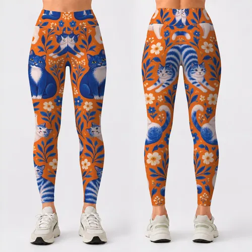 Tangerine Cats With Blue Accents For Yoga, Running And Casual Days For Cat Lovers Leggings