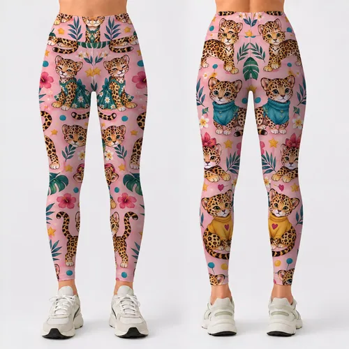 Cute Leopard Cats and Colorful Stars for Playful Yoga and Everyday Fitness Style Leggings