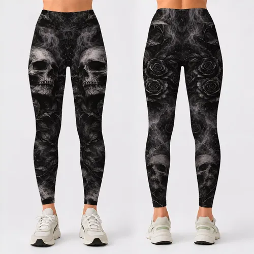 Charcoal Skull Motifs for Gothic Gym Training, Running, and Everyday Fitness Style Leggings