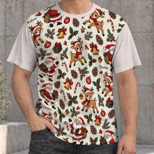 Santa Reindeer Holly and Pine Cones for Cheerful Christmas Holiday Celebrations All-over Print Unisex T-shirt