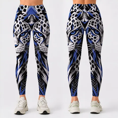 Cobalt Blue Geometric Wildcat Motifs for Bold Yoga, Pilates and Fitness Sessions Leggings