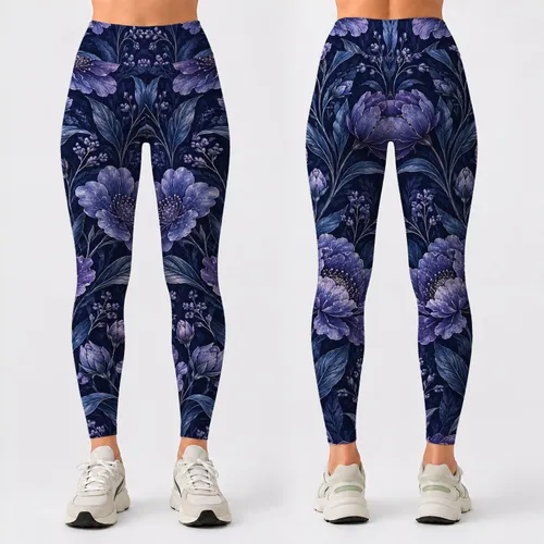Indigo Botanical Linework for Yoga, Pilates, and Outdoor Fitness Training Lifestyle Leggings