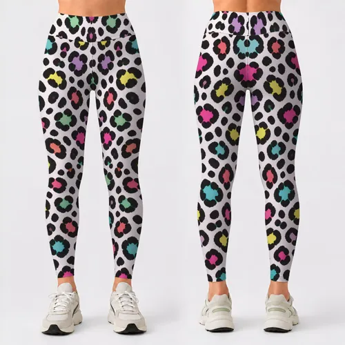 Neon Rainbow Leopard Spots for Yoga, Running and Bold Everyday Fitness Style for Her Leggings
