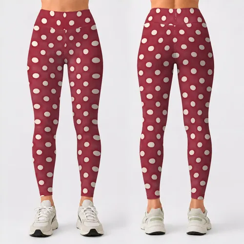 Burgundy And Ivory Polka Dots For Summer Yoga, Cycling And Weekend Fitness Style Leggings