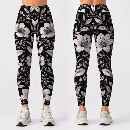 Monochrome Botanical Flowers For Yoga, Pilates And Everyday Activewear Leggings