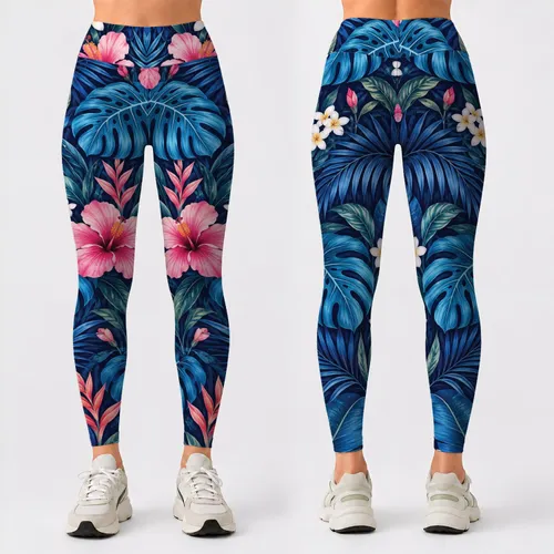 Navy Tropical Monstera And Hibiscus Blooms For Yoga, Pilates And Outdoor Training Leggings