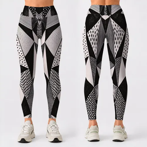 Black And White Geometric Shard Motifs For Yoga, Running, Pilates And Active Living Leggings