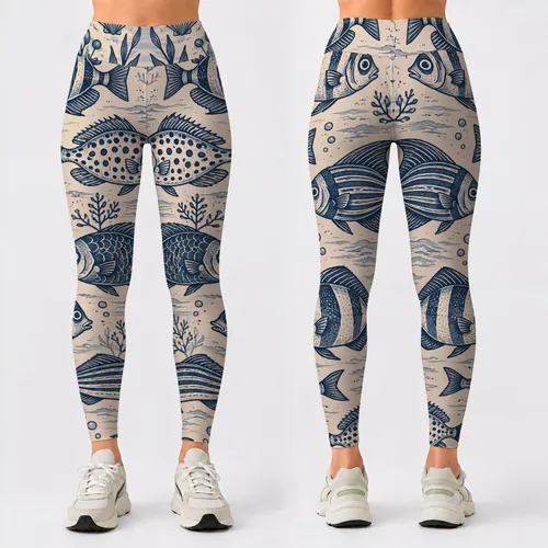 Vintage Navy Fish Folk Art for Coastal Weekends and Relaxed Everyday Adventures Afloat Leggings