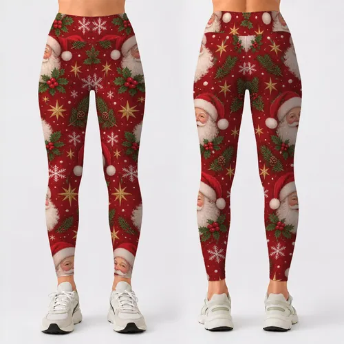 Vintage Santa Faces And Evergreen Sprigs For Cozy Christmas Holiday Celebrations Leggings