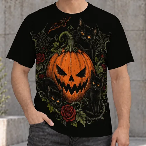 Scary Pumpkin and Three Black Cats for Halloween Celebrations and Autumn Parties All-over Print Unisex T-shirt