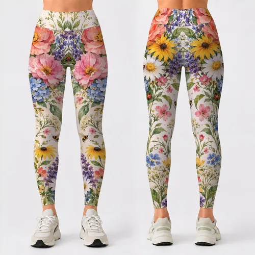 Watercolor Garden Flowers and Ladybugs for Camping and Countryside Outings Leggings