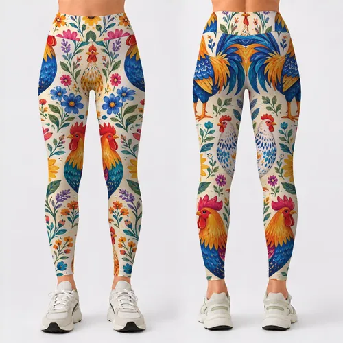 Colorful Cartoon Roosters for Cheerful Farm Days and Everyday Country Style for Women Leggings