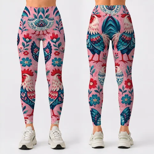 Colorful Folk Rooster Motifs for Cheerful Farmhouse Days and Country Weekend Style Leggings