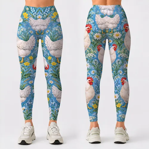 Playful White Farm Chickens And Meadow Blooms For Cozy Country Living And Farmhouse Style Leggings