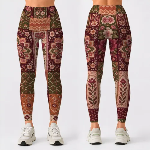 Burgundy Bohemian Folk Florals and Geometric Motifs for Festivals and Relaxed Weekends Leggings