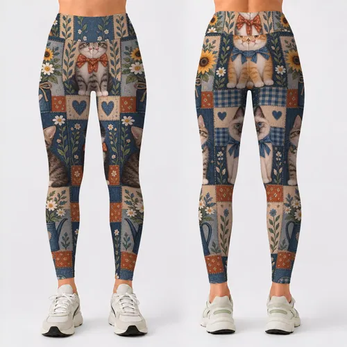Patchwork Kitten Motifs for Cozy Weekend Outings and Everyday Cat Lover Style Wear Leggings