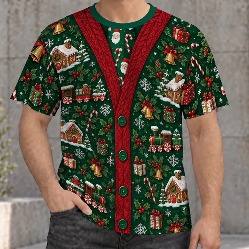 Christmas Holiday Green Vest with Santa and Candy Trains for Festive Parties and Gifting All-over Print Unisex T-shirt