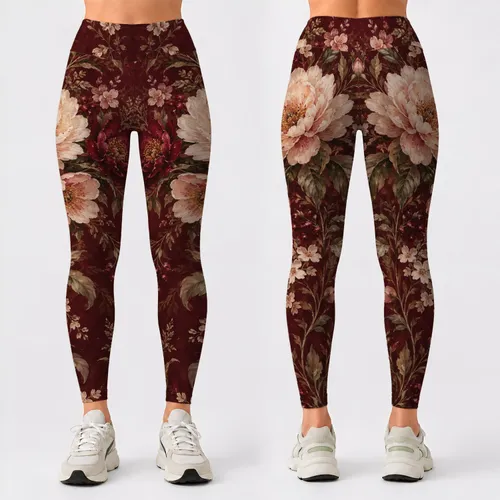 Burgundy Vintage Botanical Florals for Relaxed Vacation Style and Everyday Living Leggings