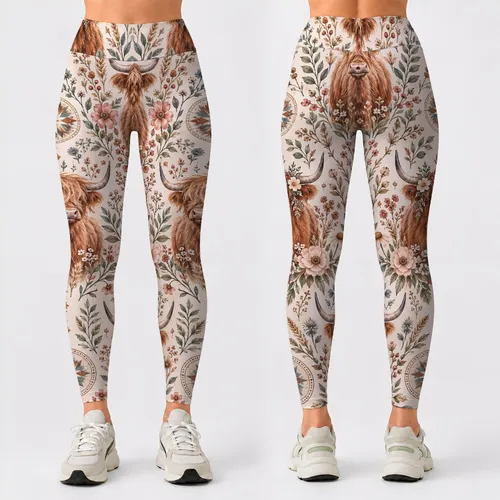 Highland Cow and Wildflower Bohemian Motifs for Cozy Weekends and Festival Style Leggings
