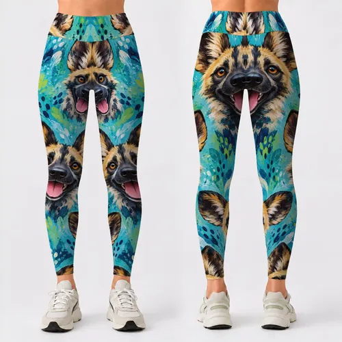 Playful Wild Dog Faces In Turquoise For Bright Summer Days And Casual Outings Leggings