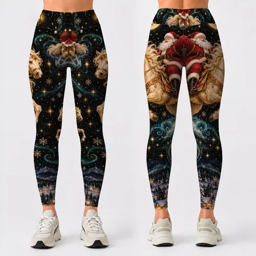 Santa Claus Horseback Christmas Nightscape for Festive Holiday Celebrations and Winter Style Leggings