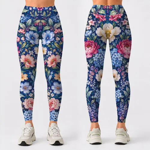 Blue Floral Bouquet Motif For Relaxed Weekend Outings And Everyday Spring Travel Style Leggings