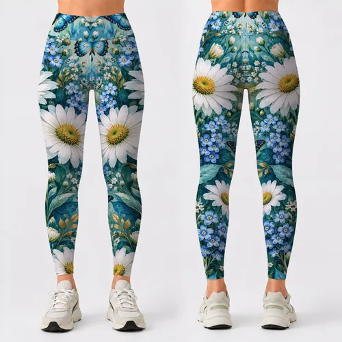 Blue Butterfly and White Daisy Garden for Relaxed Summer Outings and Nature Lovers Leggings