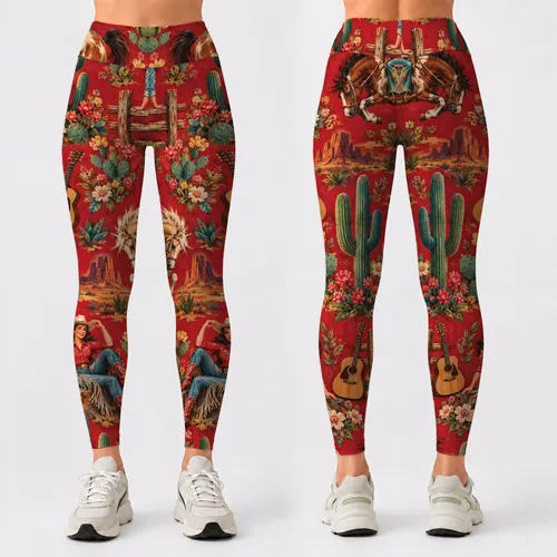 Vintage Western Cowgirl Scenes for Rodeo Weekends and Country Music Festivals Leggings