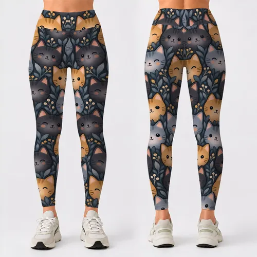 Cute Cat Faces in Slate and Ochre for Playful Everyday Style Leggings