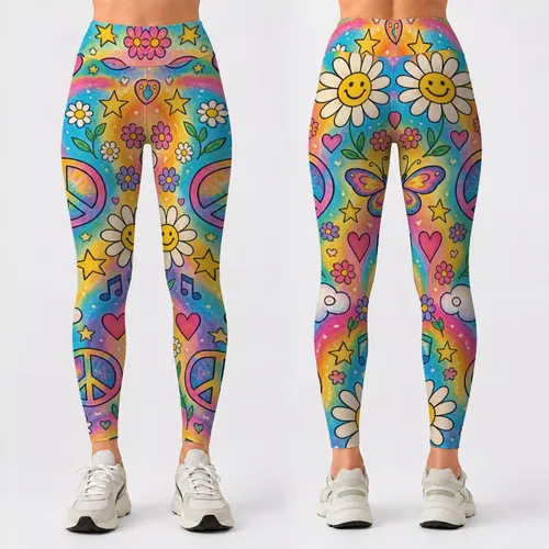 Rainbow Peace Signs, Smiling Daisies And Hearts For Carefree Festival Weekend Style Leggings