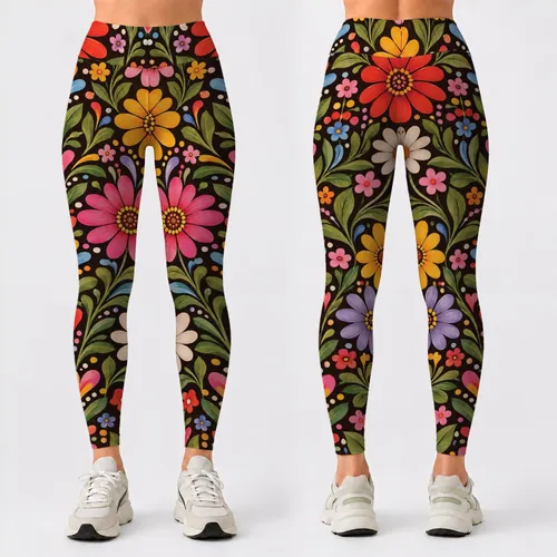 Retro Folk Flowers And Hearts For Colorful Weekend Boho Style Leggings
