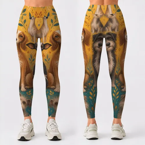 Whimsical Dog Faces in Golden Ochre for Cheerful Everyday Style for Women and Dog Lovers Leggings