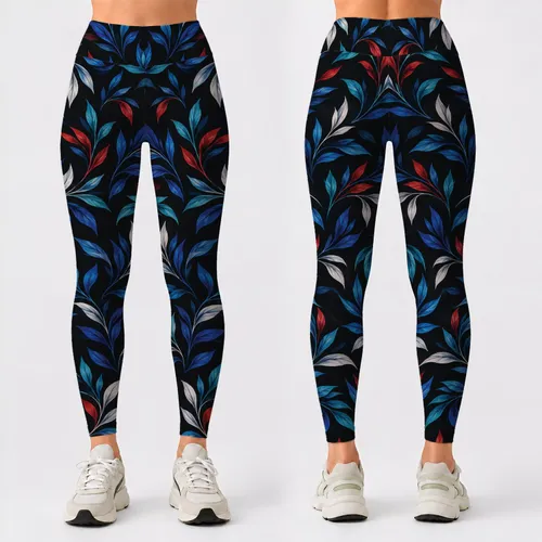 Whirling Red Blue and Ivory Leaves for Yoga, Dance and Everyday Movement for Women Leggings