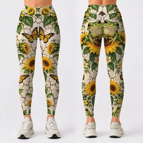 Cheerful Green Frog, Sunflowers & Butterflies for Sunny Garden Days and Nature Lovers Leggings