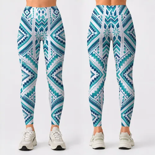 Teal Black Geometric Motif For Everyday Casual Style And Weekend Athleisure For Women Leggings