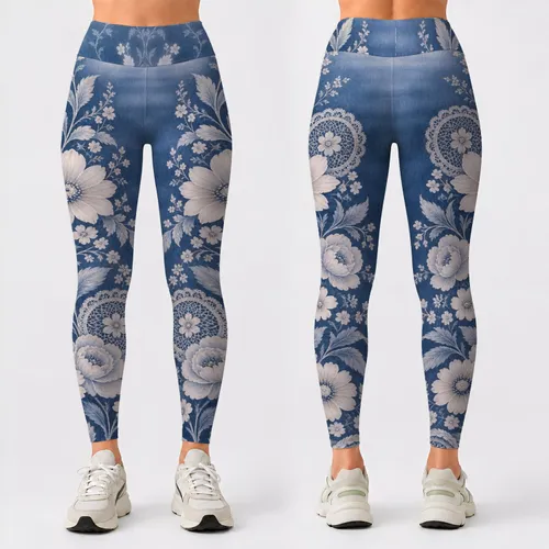Vintage Blue Denim-Inspired Florals for Elegant Casual Outings and Everyday Bohemian Style Leggings